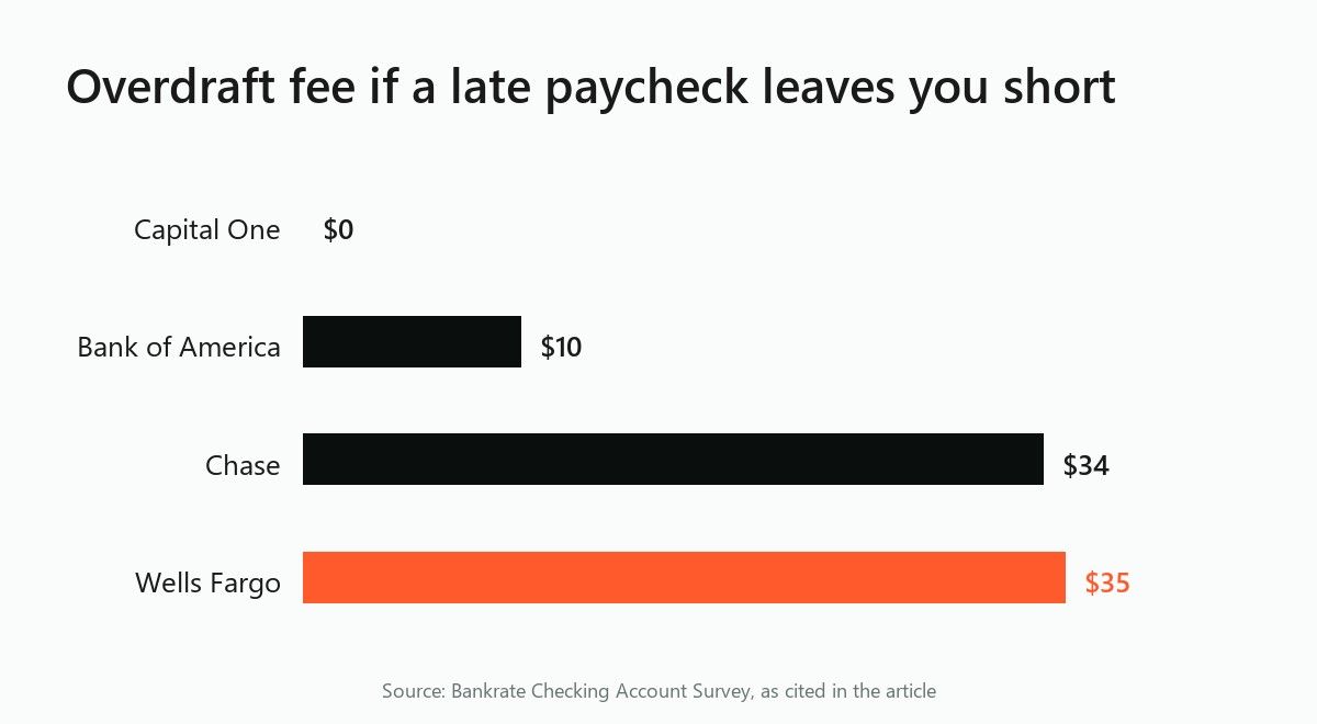 Bar chart of overdraft fees: Capital One $0, Bank of America $10, Chase $34, Wells Fargo $35